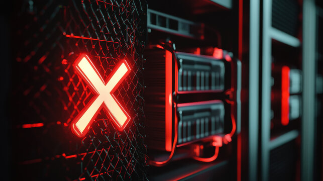 glowing red X symbol is displayed on dark server rack, indicating access denial or error. futuristic setting is illuminated by red and black lighting, creating tense atmosphere