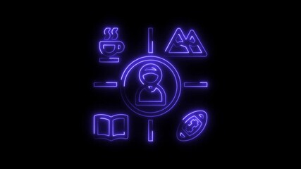 Neon personal interests profile illustration representing hobbies and activities book coffee travel sports in purple - Powered by Adobe
