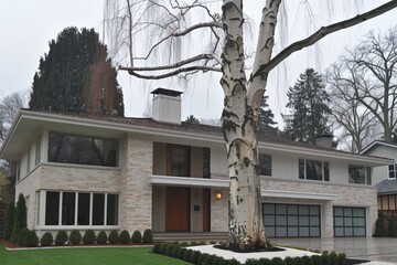 Modern house with large windows and a prominent tree in the front yard.