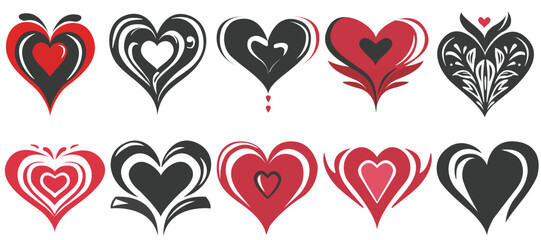 Set of decorative hearts. Red and black. Vector