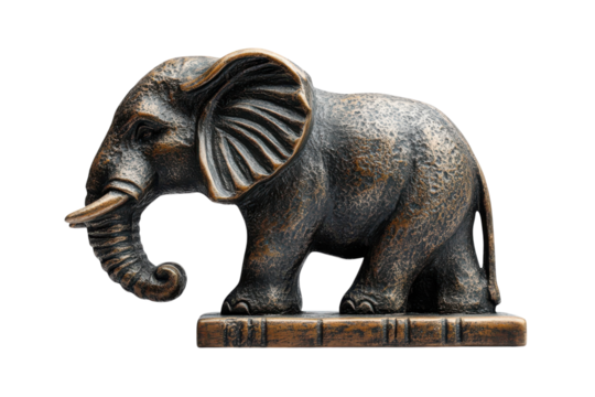 Majestic bronze elephant figurine detailed craftsmanship dark background rich texture intricate on transparent background