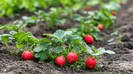 Diagonal furrows of a potato field revealing tubers in various clusters across the plowed land