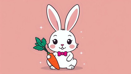 Obraz premium Adorable White Bunny Holding Carrot, Easter, Cute, Pink, Cartoon