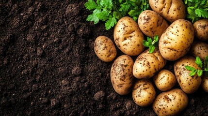 Freshly plowed potato field from above, dark rich soil contrasted by scattered tubers exposed and ready for harvest