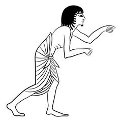 Ancient Egyptian man in profile in dynamic pose. Ethnic design. Black and white linear silhouette.