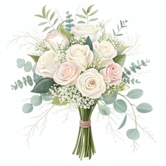 Obraz premium Beautiful bouquet of white and blush roses, eucalyptus, and baby's breath. Perfect for weddings, anniversaries, or special occasions.
