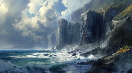 Dramatic coastal scenery with towering cliffs, rough seas, and stormy clouds.