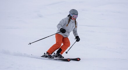 Woman Skiing Down Snowy Slope in Stylish Winter Gear. Generative Ai