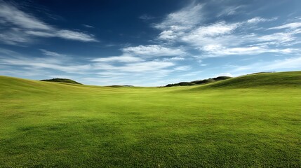 Fototapeta premium A peaceful, wide-open green grass field under a bright blue sky with soft clouds