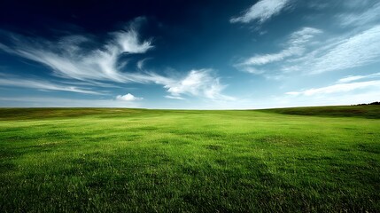 Obraz premium A peaceful, wide-open green grass field under a bright blue sky with soft clouds