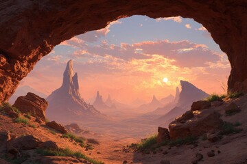 Fototapeta premium Sunset over a Desert Landscape Viewed from a Cave Archway