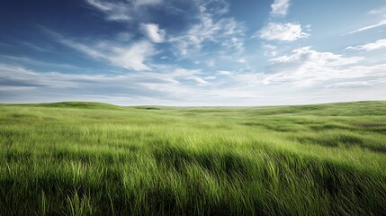 Obraz premium A peaceful, wide-open green grass field under a bright blue sky with soft clouds