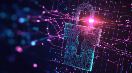 digital padlock symbolizing cybersecurity and encryption is depicted with complex network of glowing lines and nodes, representing data protection and secure communication