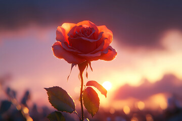 Single rose blossoms at golden sunset.