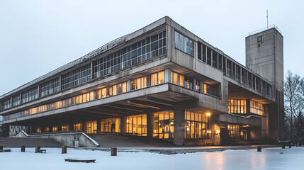 Fototapeta premium Brutalist concrete building with glowing windows at dusk in winter, showcasing stark architecture and snowy surroundings.