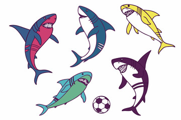 set of Shark playing soccer vector silhouette illustration isolated on white background