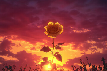 Golden rose blooms against a fiery sunset sky.