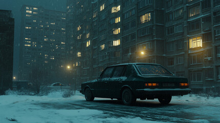 Old car parked on snowy street near tall apartments at night in heavy snowfall with warm lights in windows