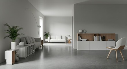 Fototapeta premium Modern Minimalist Living Room Interior Design Light, Airy Space with Concrete Floor and Wooden Accents