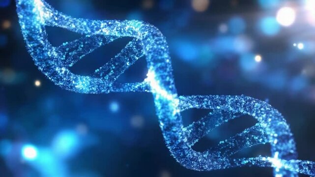 Glowing DNA Strand:  A vibrant, glowing DNA double helix structure is shown against a blue bokeh background. The image symbolizes the complexity and beauty of genetic code.