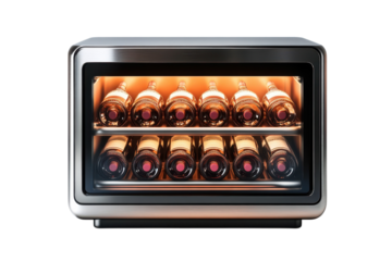 Elegant wine cooler showcasing twelve bottles illuminated with warm interior lighting against a on transparent background