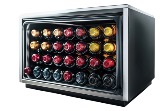 Sleek wine cooler showcasing 30 bottles perfect for wine enthusiasts elegant design black on transparent background - Powered by Adobe