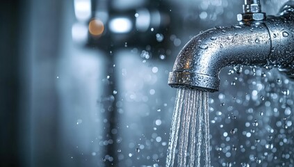Water Flowing Out of a Metal Pipe Surrounded by Droplets in a Blurred Background with a Cool Tone Atmosphere