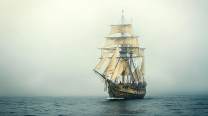 A large sailing ship sailing in a misty atmospheric seascape