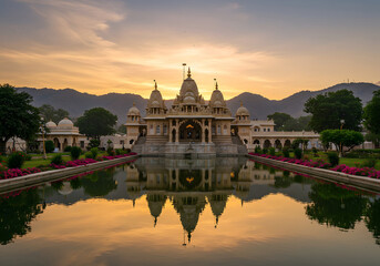Obraz premium Jaipur, Rajasthan Stunning Indian Temple and Reflection at Sunset, Architectural Beauty, Travel Photography.