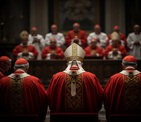 Ceremonial Gathering of Catholic Cardinals and Clergy in Traditional Vestments During a Solemn Religious Service Inside a Grand Church Sanctuary