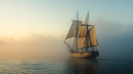 Obraz premium A tall ship sails through dense fog on calm ocean waters