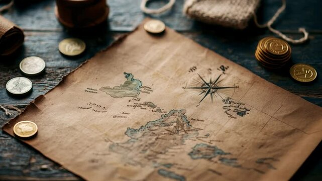 Vintage treasure map with coins and scrolls on wooden table