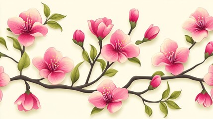 Delicate pink blossoms adorn a horizontal branch pattern.