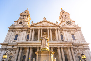 Queen Anne's statue stands prominently in front of St. Paul's Cathedral in London. The grand...