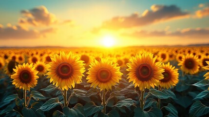 Obraz premium Golden sunflower field at sunset, bathed in warm sunlight.