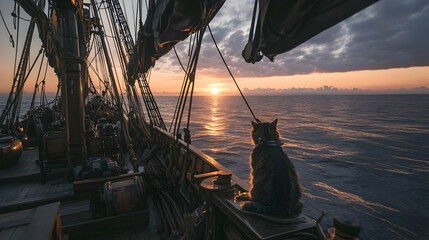 A feline companion sails into the sunset aboard an antique sailing ship