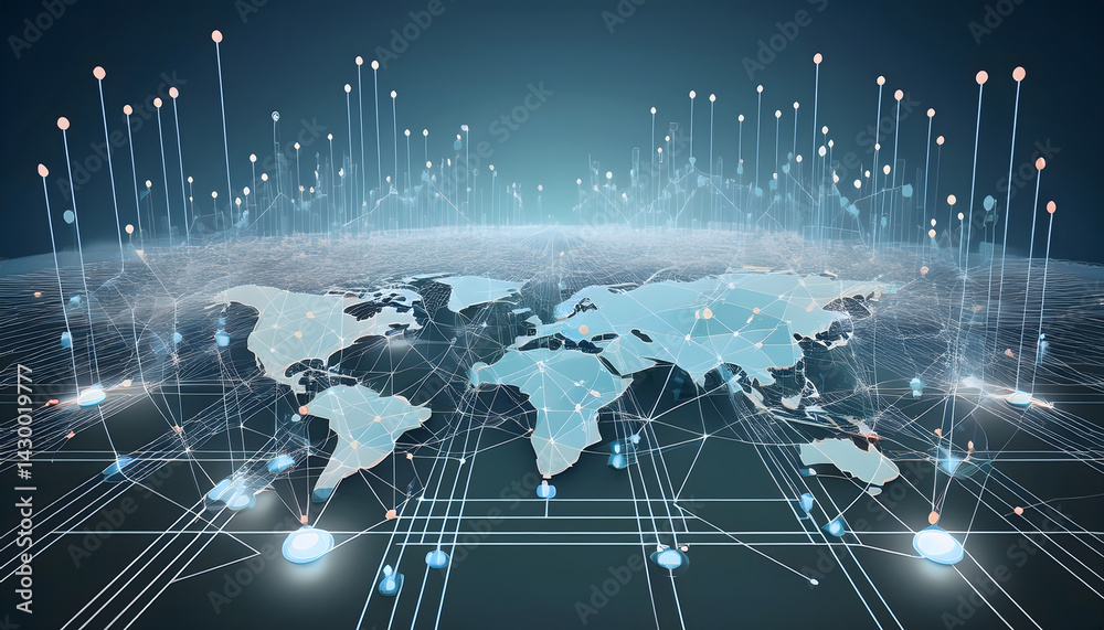 Poster Digital world map with interconnected data points and networks