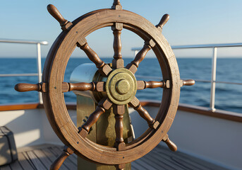 Wooden Ship Wheel, Boat Helm, Ocean View Nautical Sailing Concept, Guidance, Control.