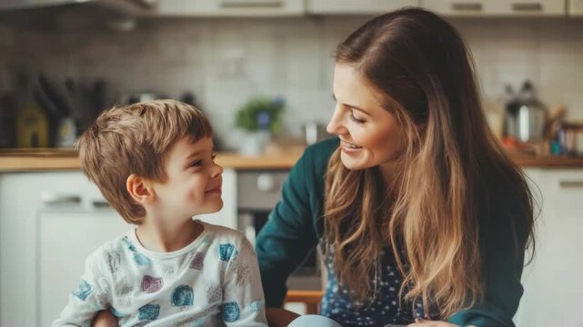 Unconditional Love's Embrace: In a kitchen, a mother's tender gaze meets her son's adoring eyes, a heartwarming tableau of domestic tranquility and nurturing tenderness. 