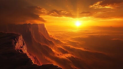 Fototapeta premium Dramatic golden sunset over majestic mountain peaks shrouded in mist.