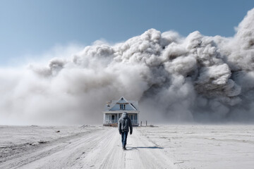 A man walks away from a house that is being enveloped in almost every natural disaster conceivable
