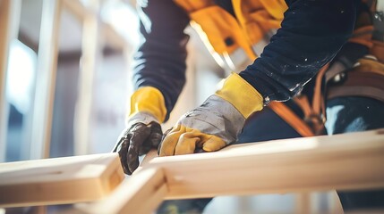 Construction Worker Handling Wooden Beams