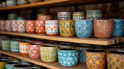Fototapeta premium Colorful patterned ceramic cups on wooden shelves