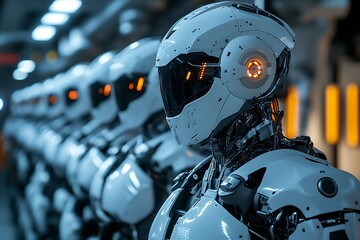 Fototapeta premium Futuristic robots in a factory assembly line