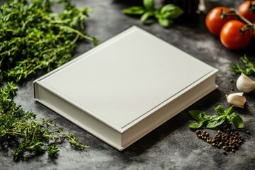 Fototapeta premium Elegant white book rests with fresh thyme, basil, garlic, & tomatoes. It's ideal for presenting culinary recipes or creative food concepts.