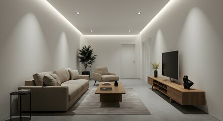 Modern Minimalist Living Room Interior Design  Neutral Tones and Ambient Lighting