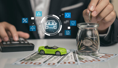 Investment Concept with Car Icon, Coins, Money, and Calculator