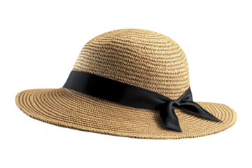 A stylish sun hat with a wide brim perfect for summer days features a delicate black ribbon bow on transparent background