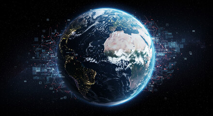 Earth globe in space with digital network connections and data visualization elements around it