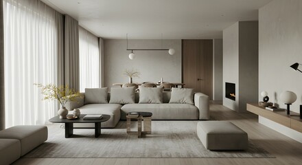 Fototapeta premium Modern Minimalist Living Room Design Neutral Tones and Tranquil Atmosphere